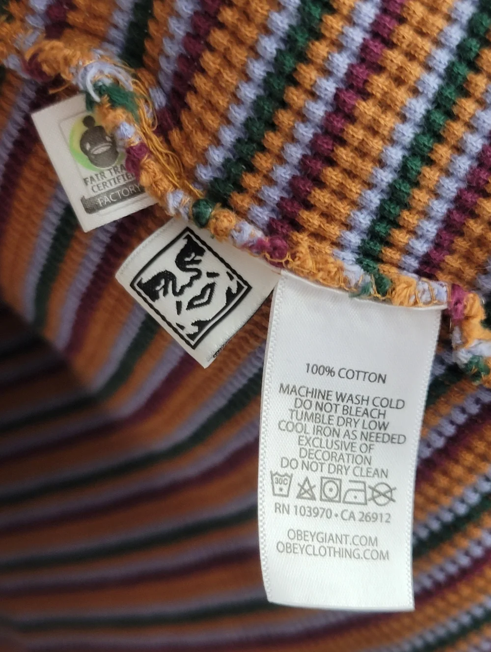 Obey Les Stripe Thermal Shirt Brown Sugar Multi Stripe‎ Long Sleeve 100% Cotton